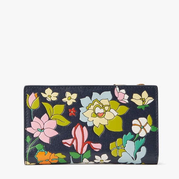 KATE SPADE Navy Pink Embossed Floral Garden Flower Bed Small Slim Bifold Wallet - Picture 13 of 16